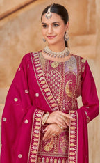 Anaita Rani Pink Vichitra Silk Readymade Suit with Embroidery & Lace Work | Grocsy