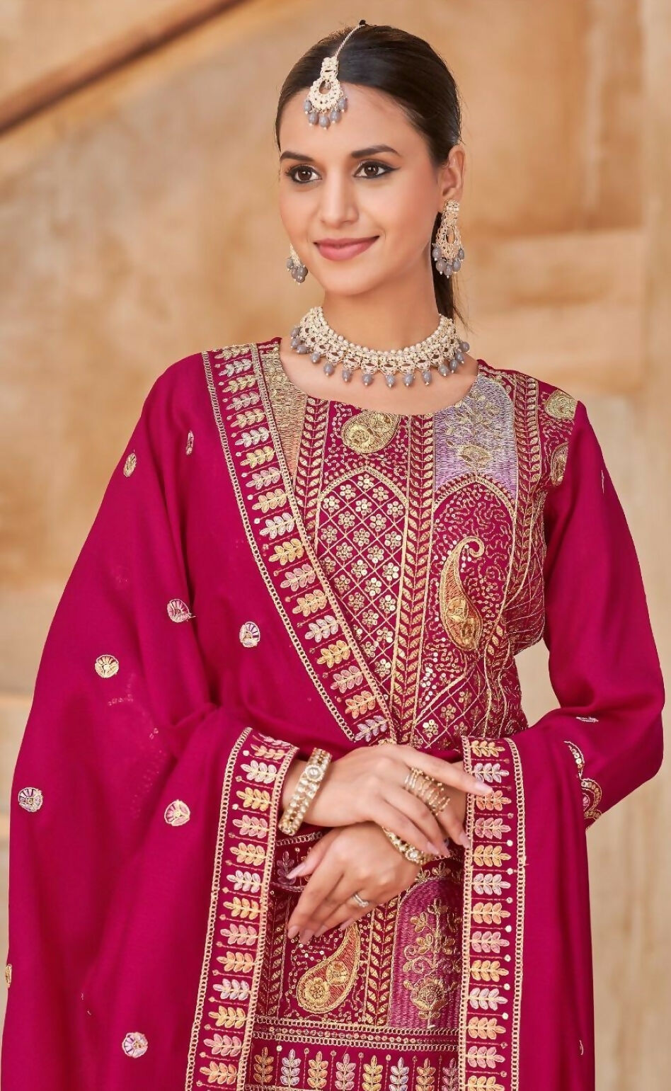 Anaita Rani Pink Vichitra Silk Readymade Suit with Embroidery & Lace Work | Grocsy