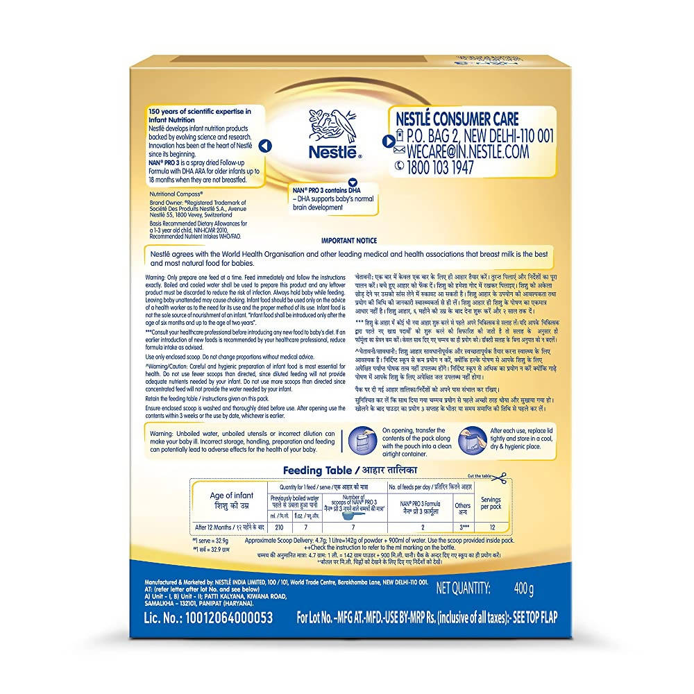 Nestle Nan Pro 3 Follow-Up Formula Powder After 12 Upto 18 Months Infants Stage 3 | Grocsy