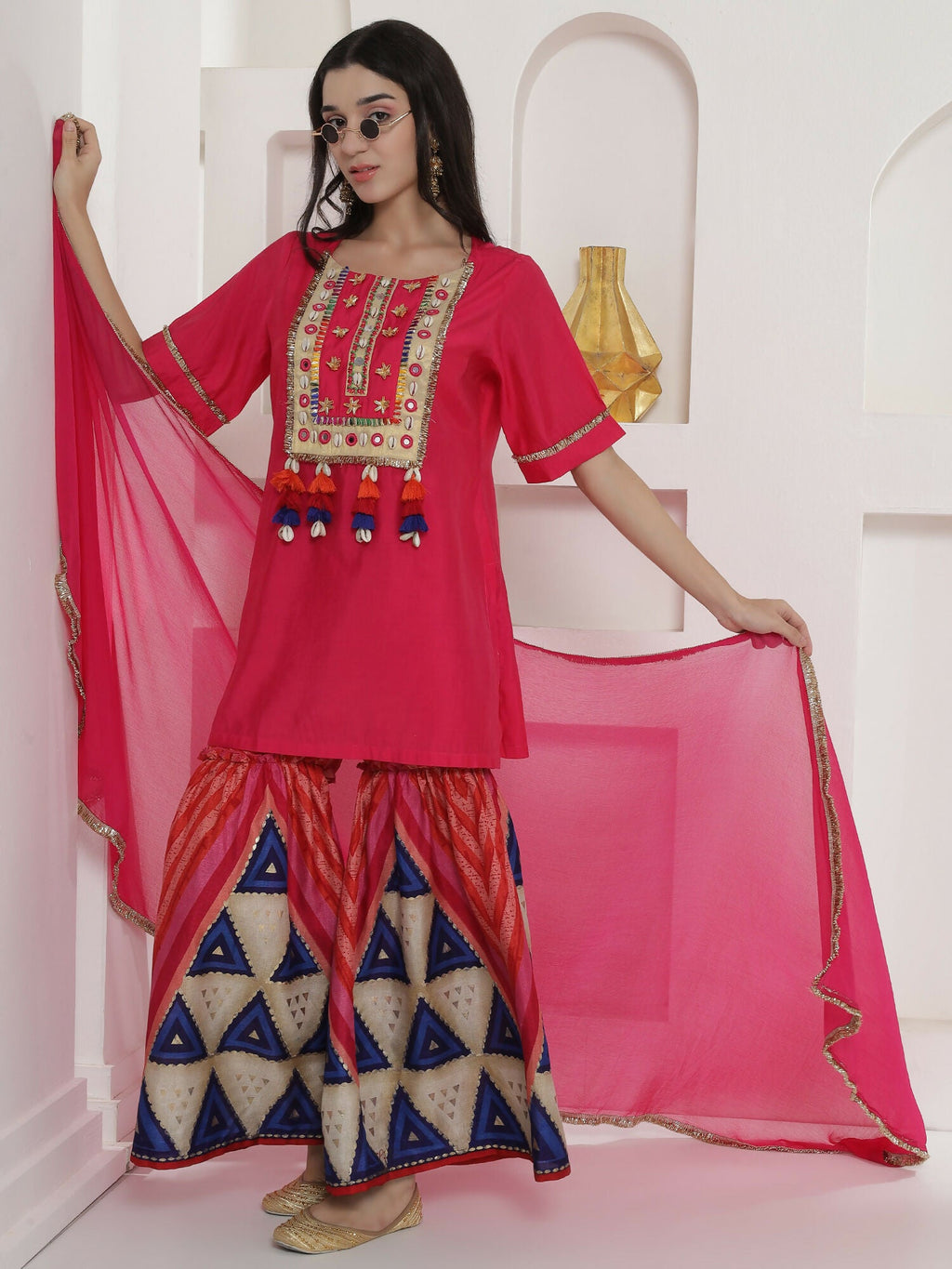 Joban Fashion Pink Kuslin Sharara Suit Set | Grocsy