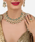 Jewel City Gold-Plated Kundan Choker Necklace Set with Green Enamel, Pearls & Ring | Traditional Indian Jewelry for Women – Wedding & Festive Wear | Grocsy