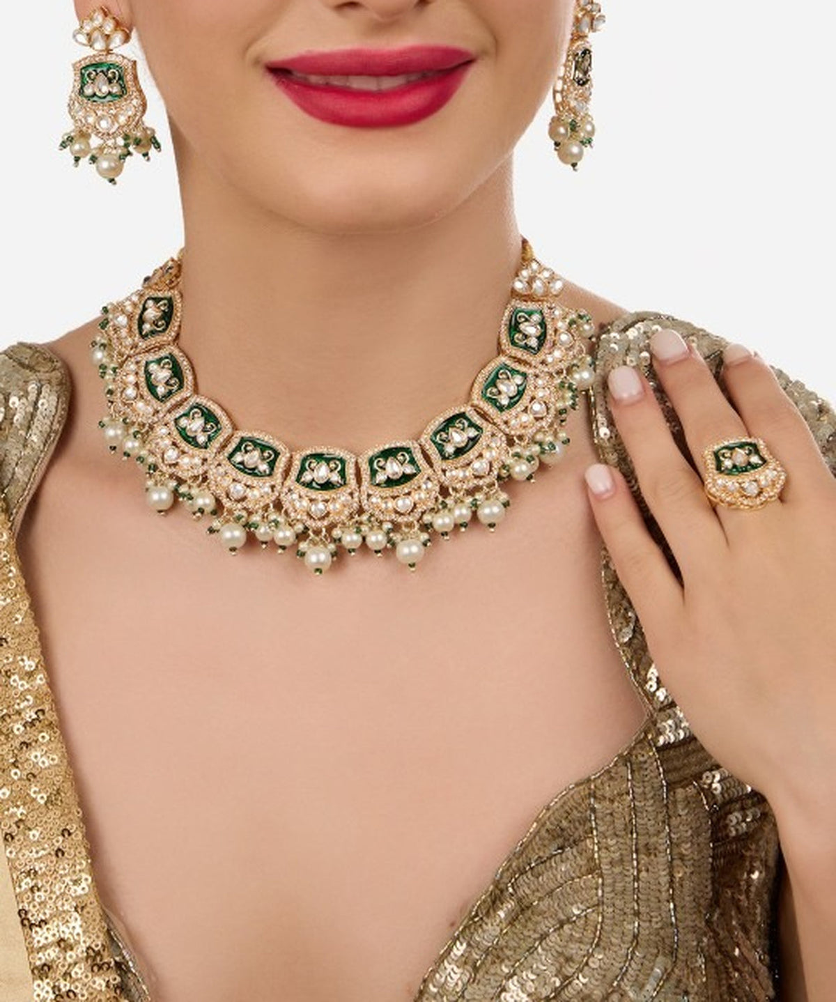 Jewel City Gold-Plated Kundan Choker Necklace Set with Green Enamel, Pearls & Ring | Traditional Indian Jewelry for Women – Wedding & Festive Wear | Grocsy