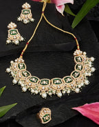 Jewel City Gold-Plated Kundan Choker Necklace Set with Green Enamel, Pearls & Ring | Traditional Indian Jewelry for Women – Wedding & Festive Wear | Grocsy