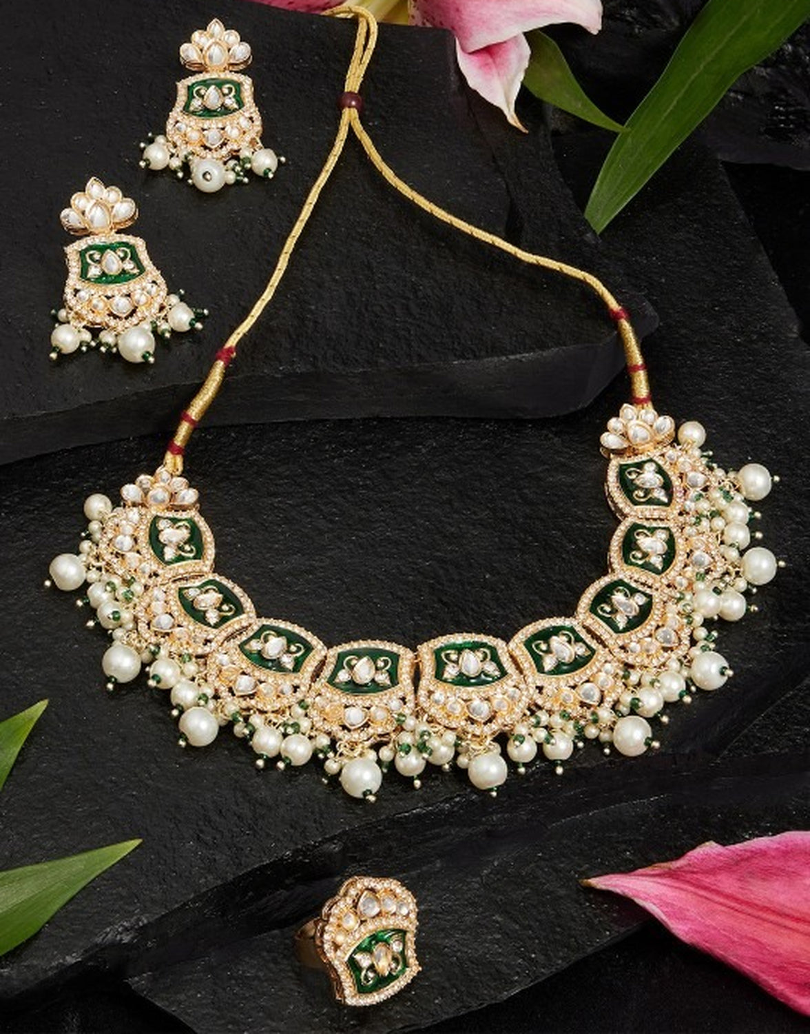 Jewel City Gold-Plated Kundan Choker Necklace Set with Green Enamel, Pearls & Ring | Traditional Indian Jewelry for Women – Wedding & Festive Wear | Grocsy