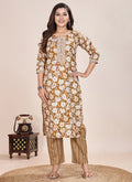 Prazu Fashion Beige Printed Cotton Blend Kurta Pant Set | Grocsy