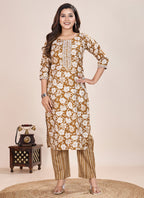 Prazu Fashion Beige Printed Cotton Blend Kurta Pant Set | Grocsy