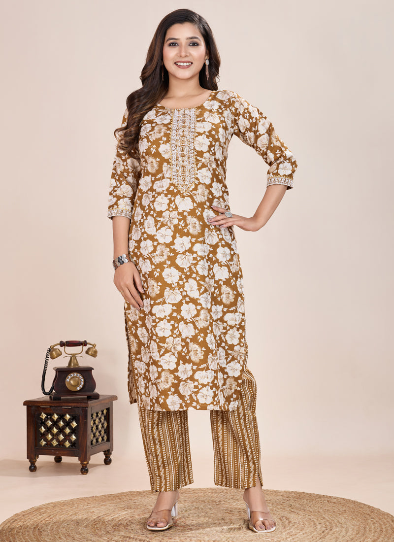 Prazu Fashion Beige Printed Cotton Blend Kurta Pant Set | Grocsy