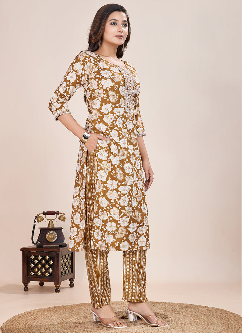 Prazu Fashion Beige Printed Cotton Blend Kurta Pant Set | Grocsy