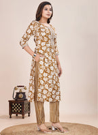 Prazu Fashion Beige Printed Cotton Blend Kurta Pant Set | Grocsy