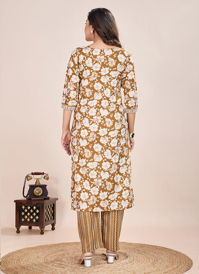 Prazu Fashion Beige Printed Cotton Blend Kurta Pant Set | Grocsy