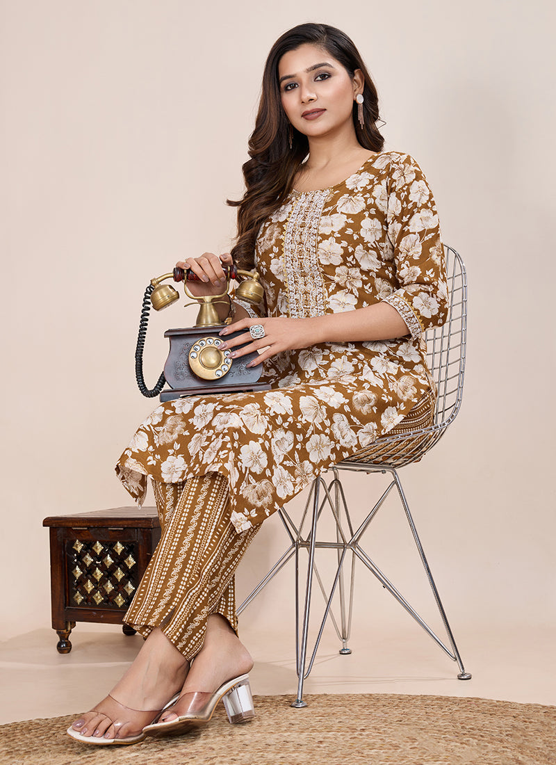 Prazu Fashion Beige Printed Cotton Blend Kurta Pant Set | Grocsy