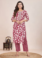 Prazu Fashion Maroon Printed Cotton Blend Kurta Pant Set | Grocsy