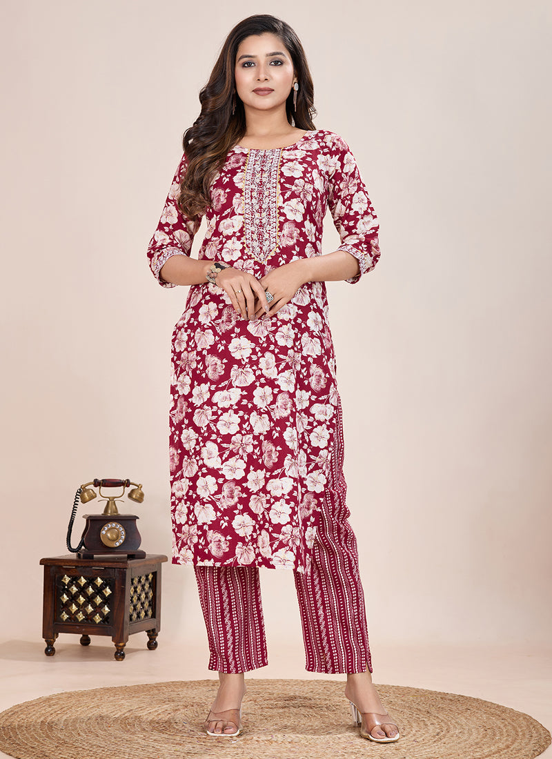 Prazu Fashion Maroon Printed Cotton Blend Kurta Pant Set | Grocsy