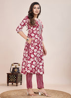 Prazu Fashion Maroon Printed Cotton Blend Kurta Pant Set | Grocsy