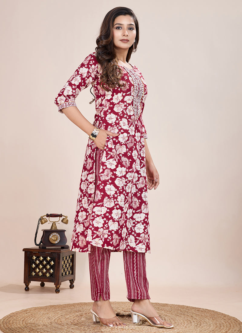 Prazu Fashion Maroon Printed Cotton Blend Kurta Pant Set | Grocsy