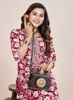 Prazu Fashion Maroon Printed Cotton Blend Kurta Pant Set | Grocsy