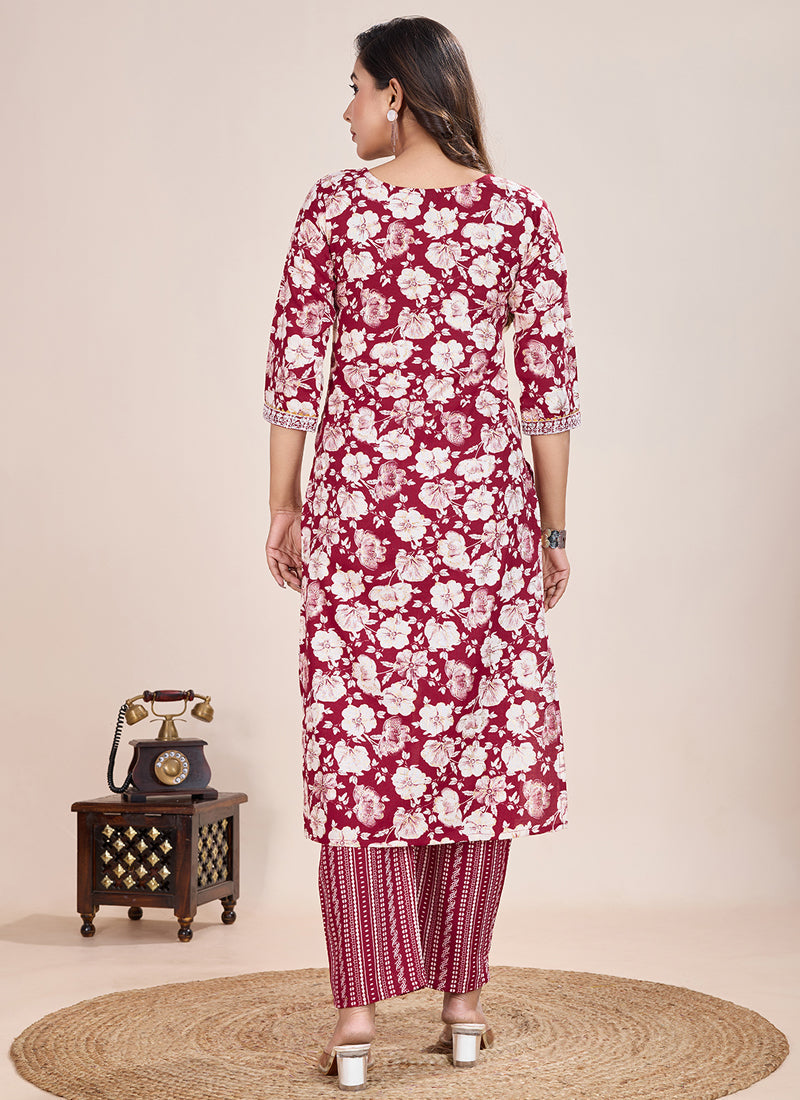 Prazu Fashion Maroon Printed Cotton Blend Kurta Pant Set | Grocsy