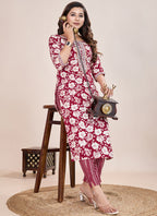 Prazu Fashion Maroon Printed Cotton Blend Kurta Pant Set | Grocsy