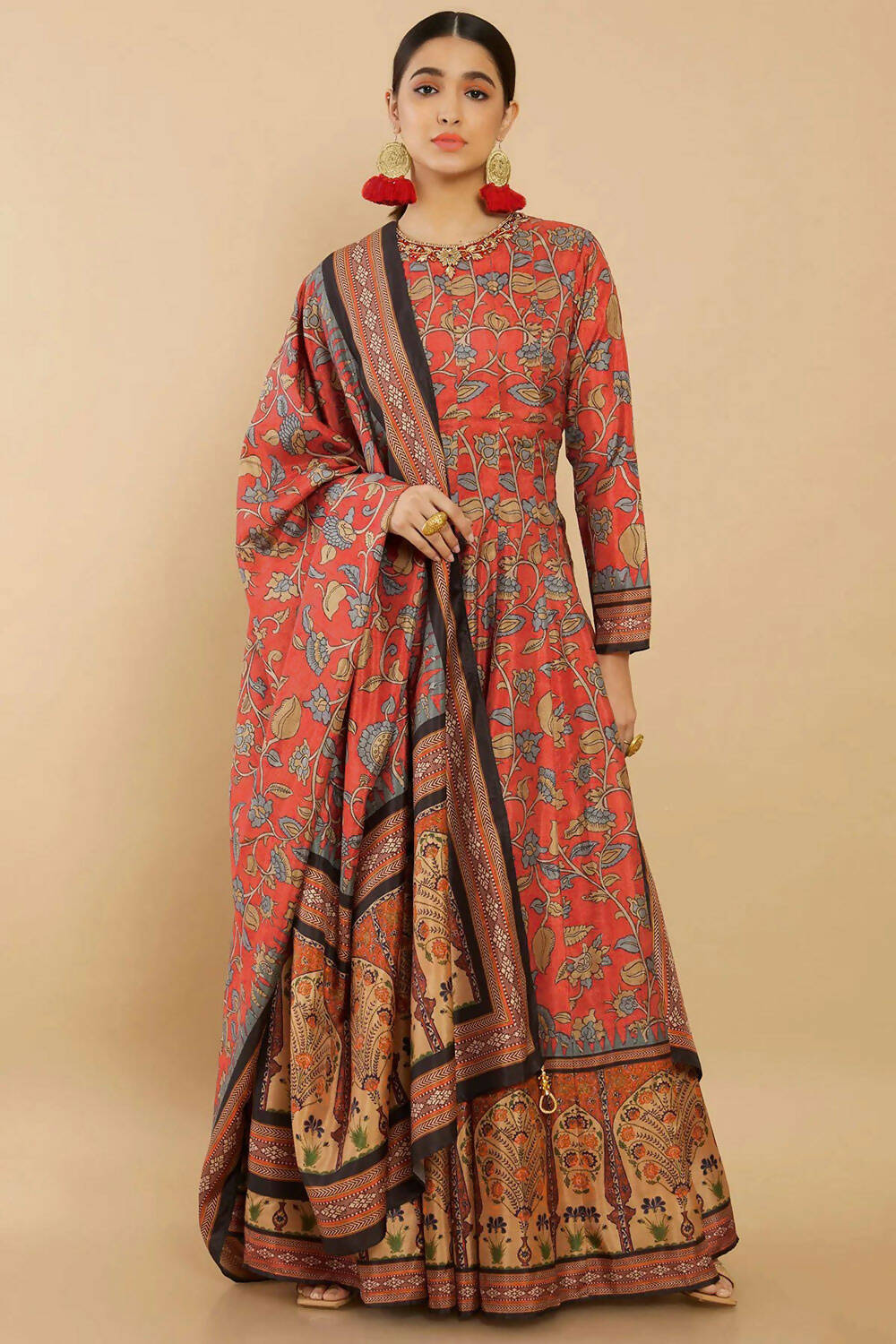 Women's Partywear Designer Red Soft Dola Silk Anarkali suit with Dupatta - Kalishta | Grocsy