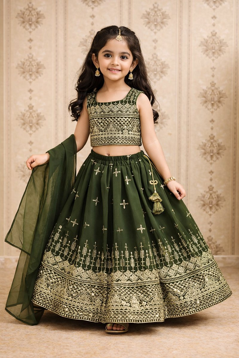Evanik Green Designer Georgette Embroidered Work Wedding Lehenga Choli For Kids | Grocsy
