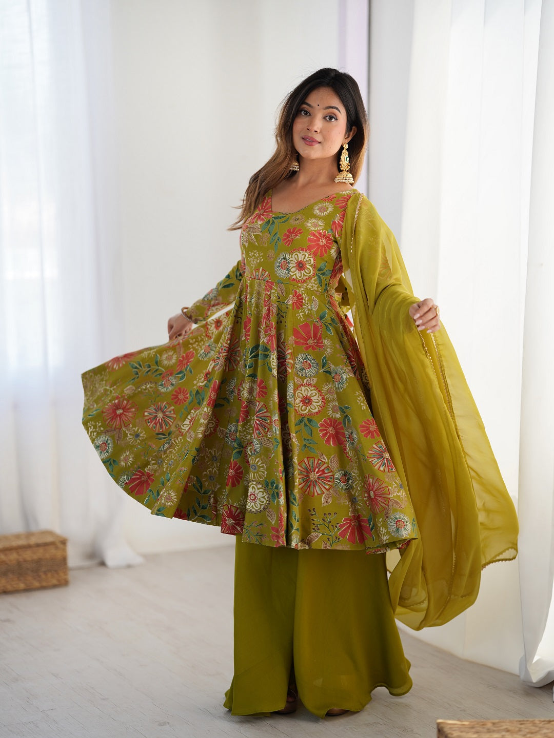 Evanik Mehendi Pure Romance Silk With Print Kediya With Palazzo Suit | Grocsy