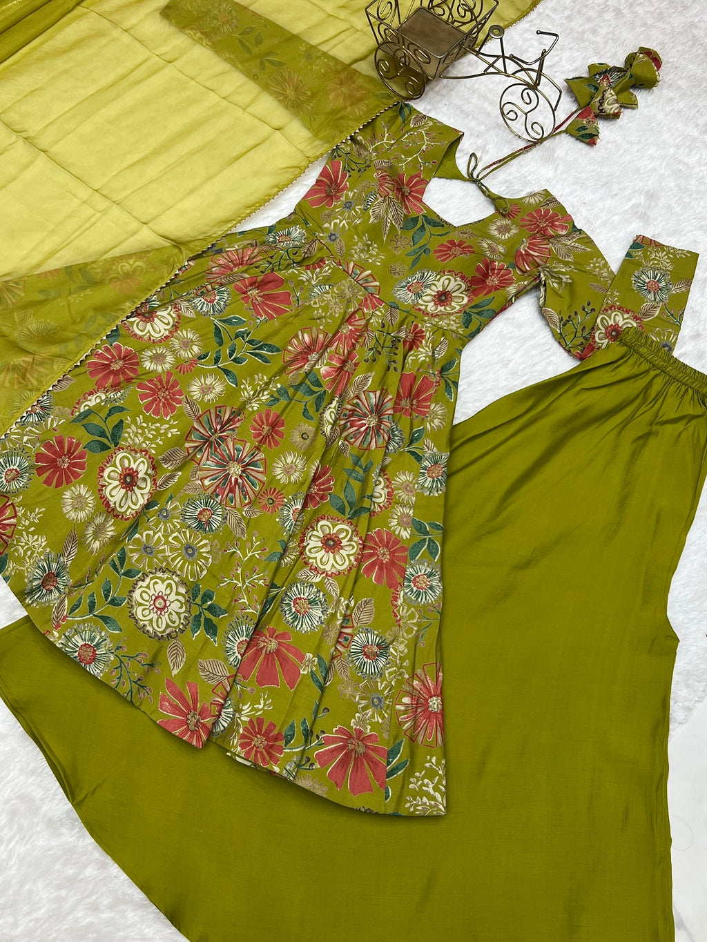 Evanik Mehendi Pure Romance Silk With Print Kediya With Palazzo Suit | Grocsy