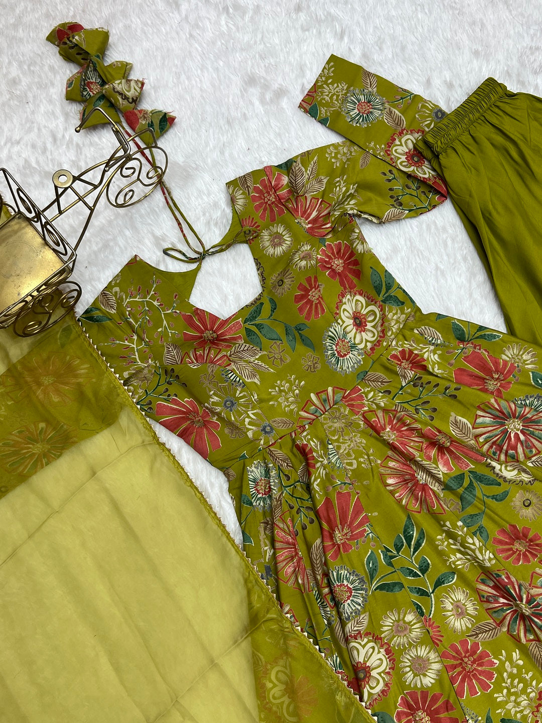 Evanik Mehendi Pure Romance Silk With Print Kediya With Palazzo Suit | Grocsy