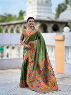 Mameraa Sarees Parrot Green Faux Banarasi Silk Saree With Paithani Rich Weaved Pallu And Blouse-Parrot_Green | Grocsy