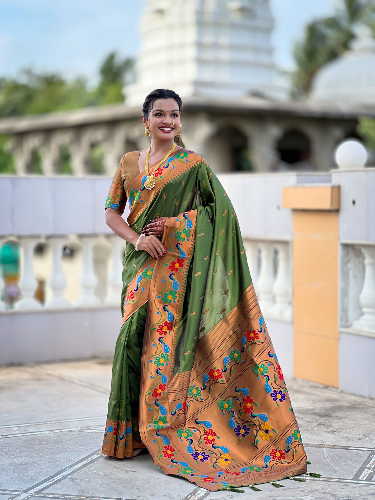 Mameraa Sarees Parrot Green Faux Banarasi Silk Saree With Paithani Rich Weaved Pallu And Blouse-Parrot_Green | Grocsy