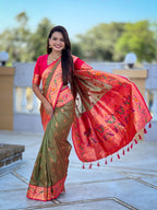 Mameraa Sarees Green Faux Banarasi Silk Saree With Paithani Rich Weaved Pallu And Blouse-Green | Grocsy