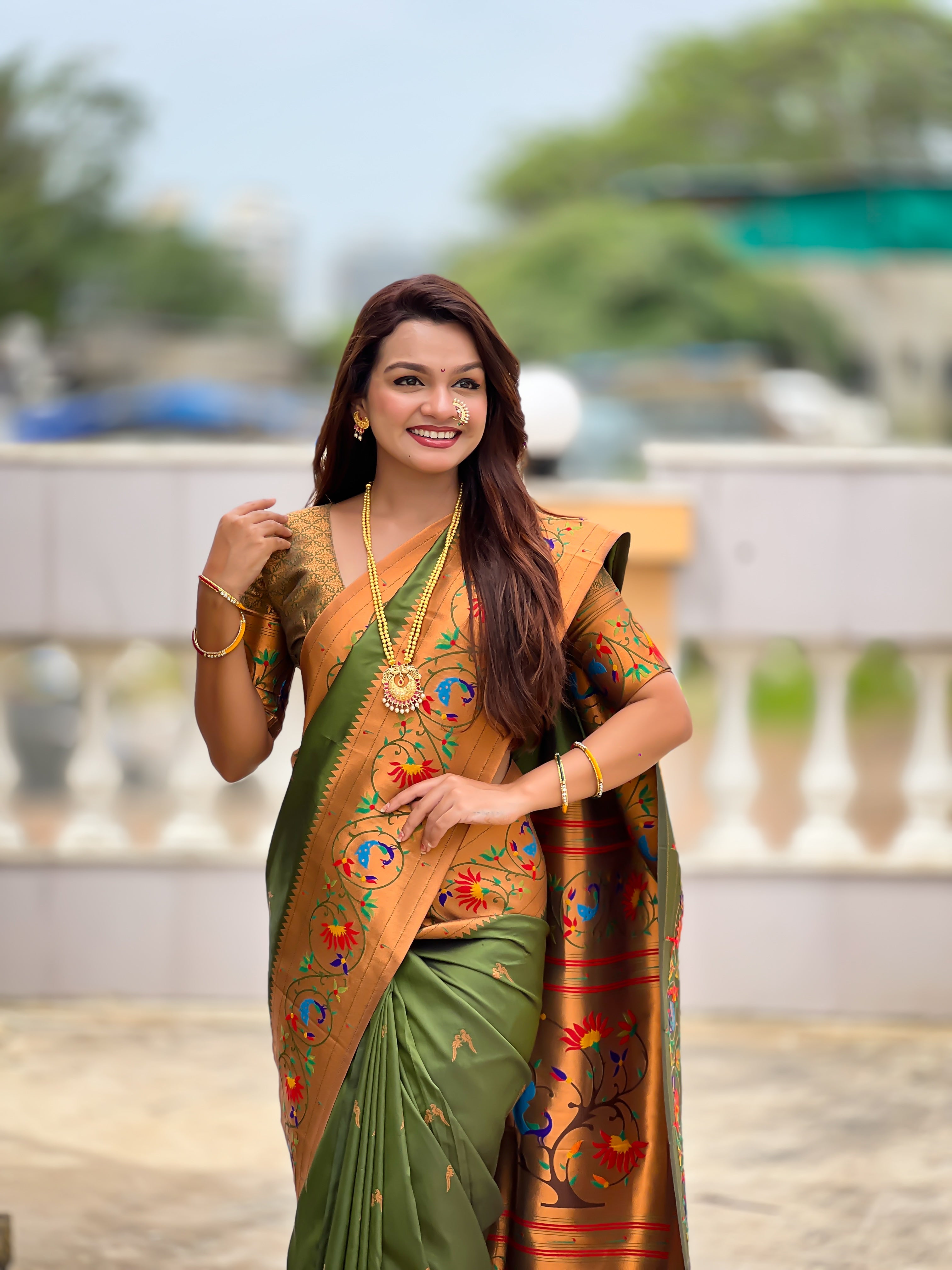 Mameraa Sarees Dark_Green Faux Banarasi Silk Saree With Paithani Rich Weaved Pallu And Blouse-Dark_Green | Grocsy