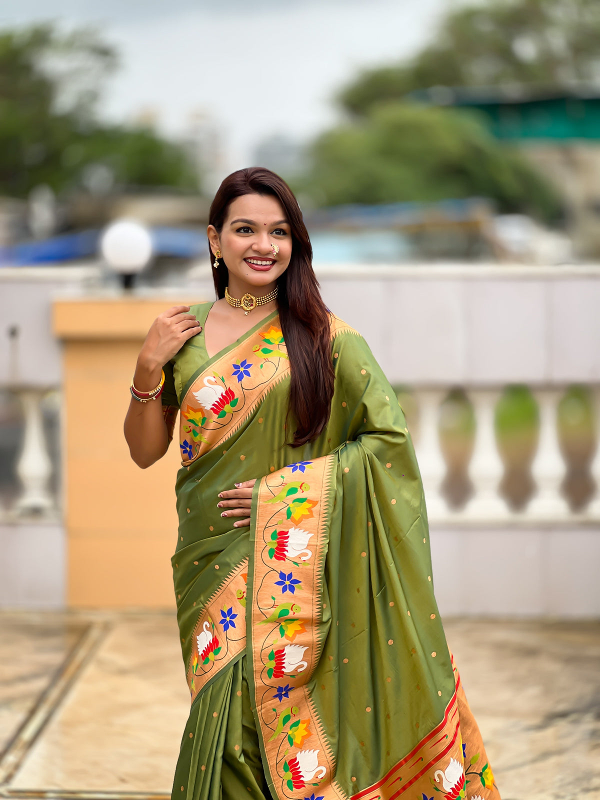 Mameraa Sarees Mahendi Green Faux Banarasi Silk Saree With Paithani Rich Weaved Pallu And Blouse-Green | Grocsy