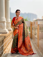 Mameraa Sarees Mahendi Green Faux Banarasi Silk Saree With Paithani Rich Weaved Pallu And Blouse-Teal | Grocsy
