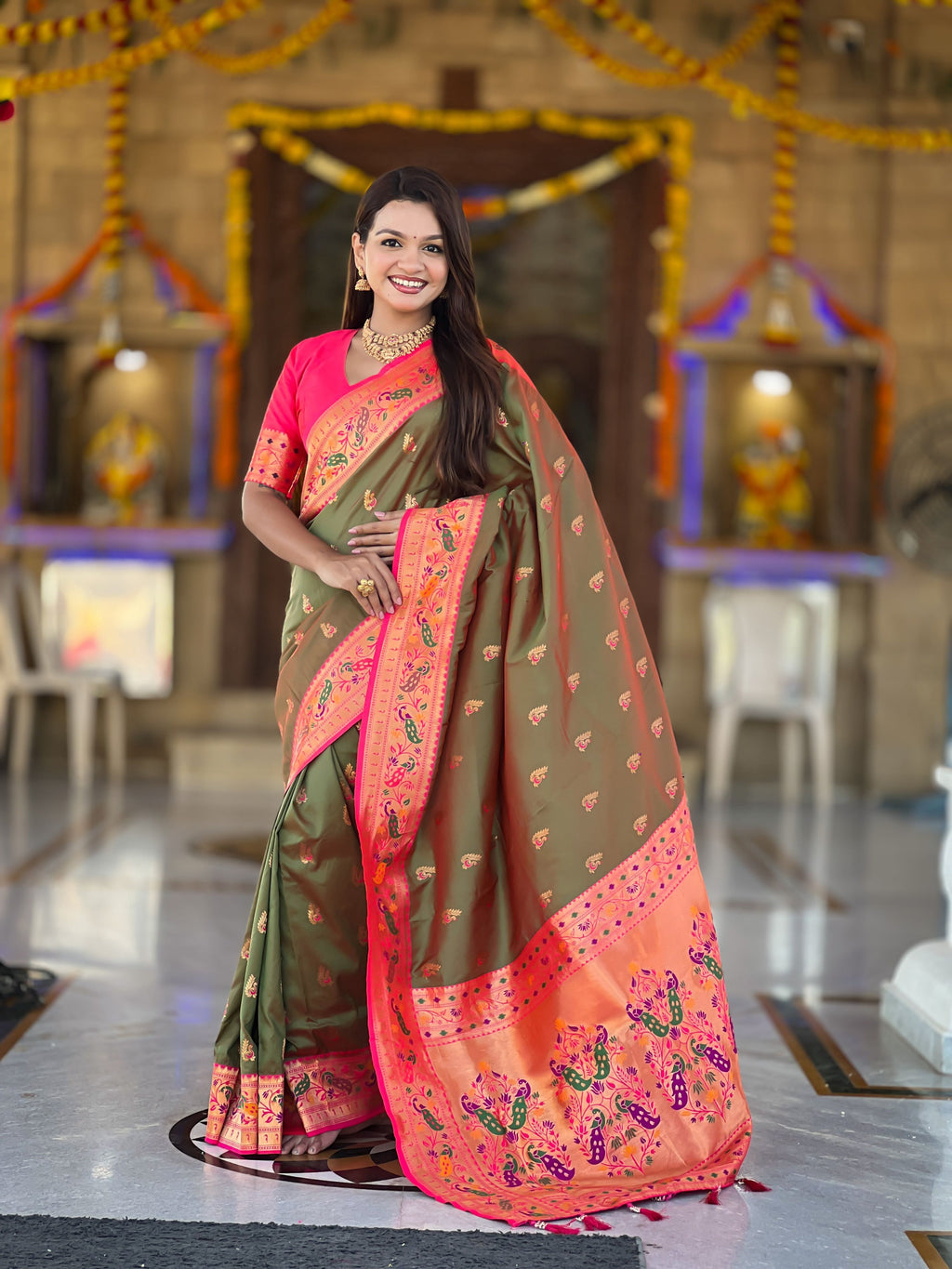 Mameraa Sarees Green Faux Banarasi Silk Saree With Paithani Rich Weaved Pallu And Blouse-Green | Grocsy