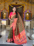 Mameraa Sarees Green Faux Banarasi Silk Saree With Paithani Rich Weaved Pallu And Blouse-Green | Grocsy