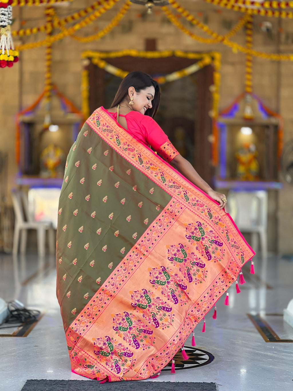 Mameraa Sarees Green Faux Banarasi Silk Saree With Paithani Rich Weaved Pallu And Blouse-Green | Grocsy