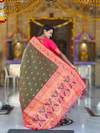 Mameraa Sarees Green Faux Banarasi Silk Saree With Paithani Rich Weaved Pallu And Blouse-Green | Grocsy