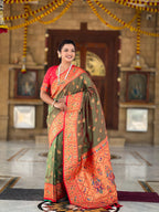 Mameraa Sarees Mahendi Green Faux Banarasi Silk Saree With Paithani Rich Weaved Pallu And Blouse-Teal | Grocsy