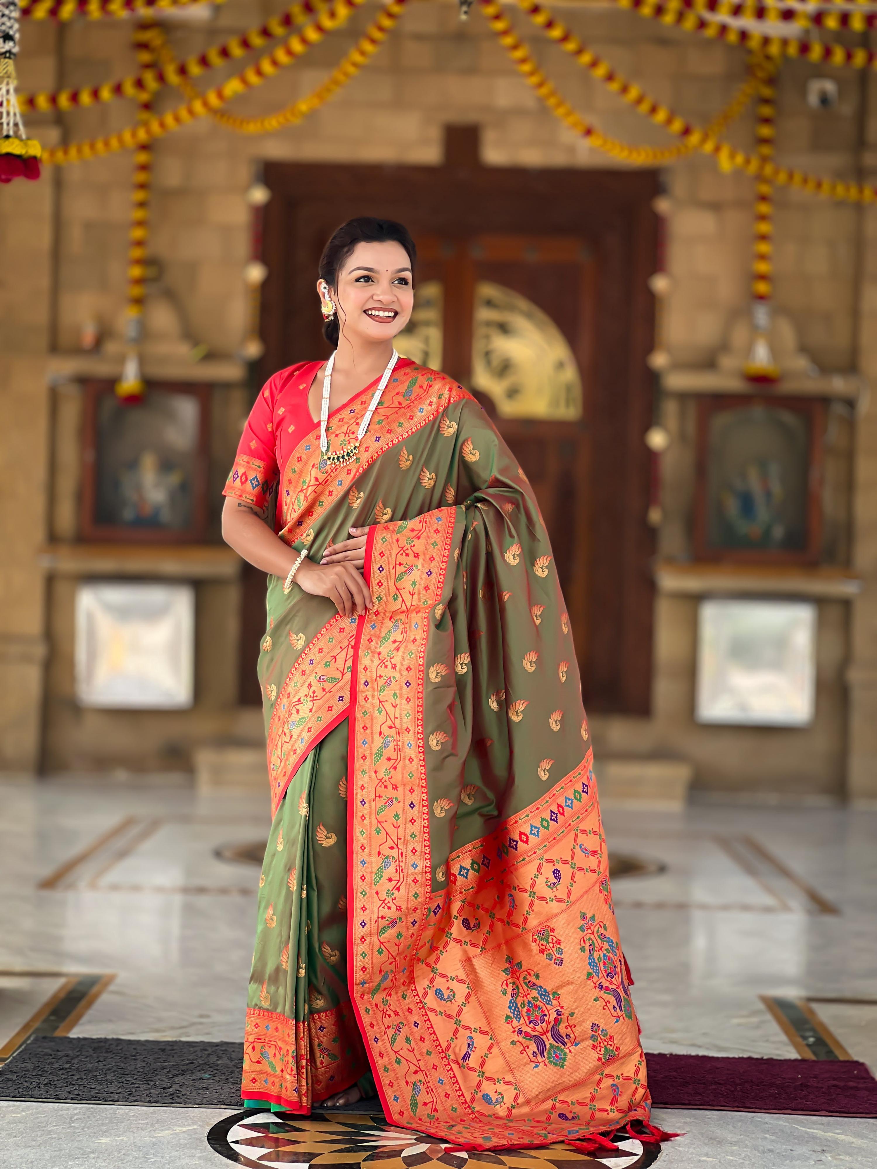 Mameraa Sarees Mahendi Green Faux Banarasi Silk Saree With Paithani Rich Weaved Pallu And Blouse-Teal | Grocsy