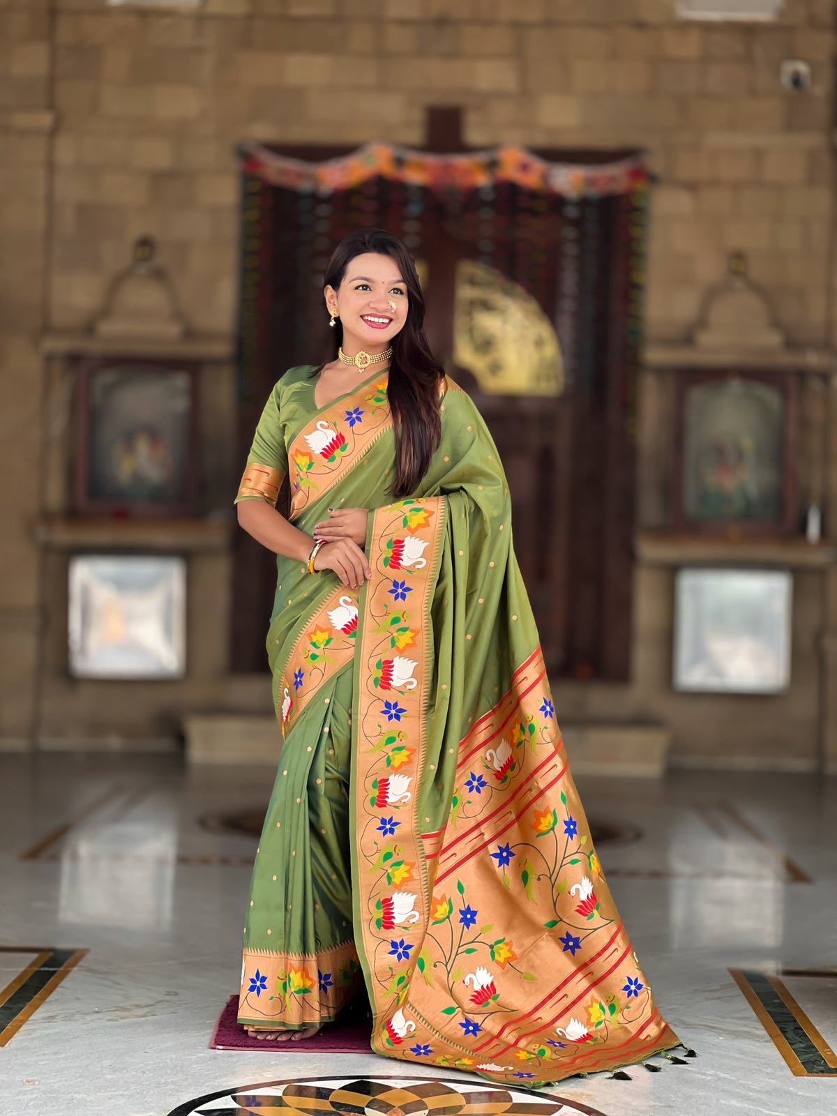 Mameraa Sarees Mahendi Green Faux Banarasi Silk Saree With Paithani Rich Weaved Pallu And Blouse-Green | Grocsy