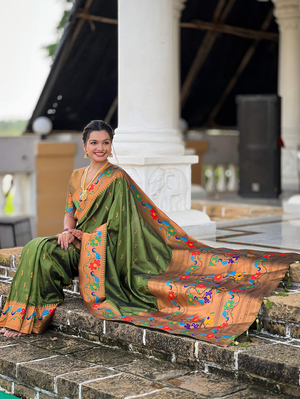 Mameraa Sarees Parrot Green Faux Banarasi Silk Saree With Paithani Rich Weaved Pallu And Blouse-Parrot_Green | Grocsy