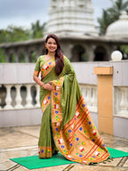 Mameraa Sarees Mahendi Green Faux Banarasi Silk Saree With Paithani Rich Weaved Pallu And Blouse-Green | Grocsy