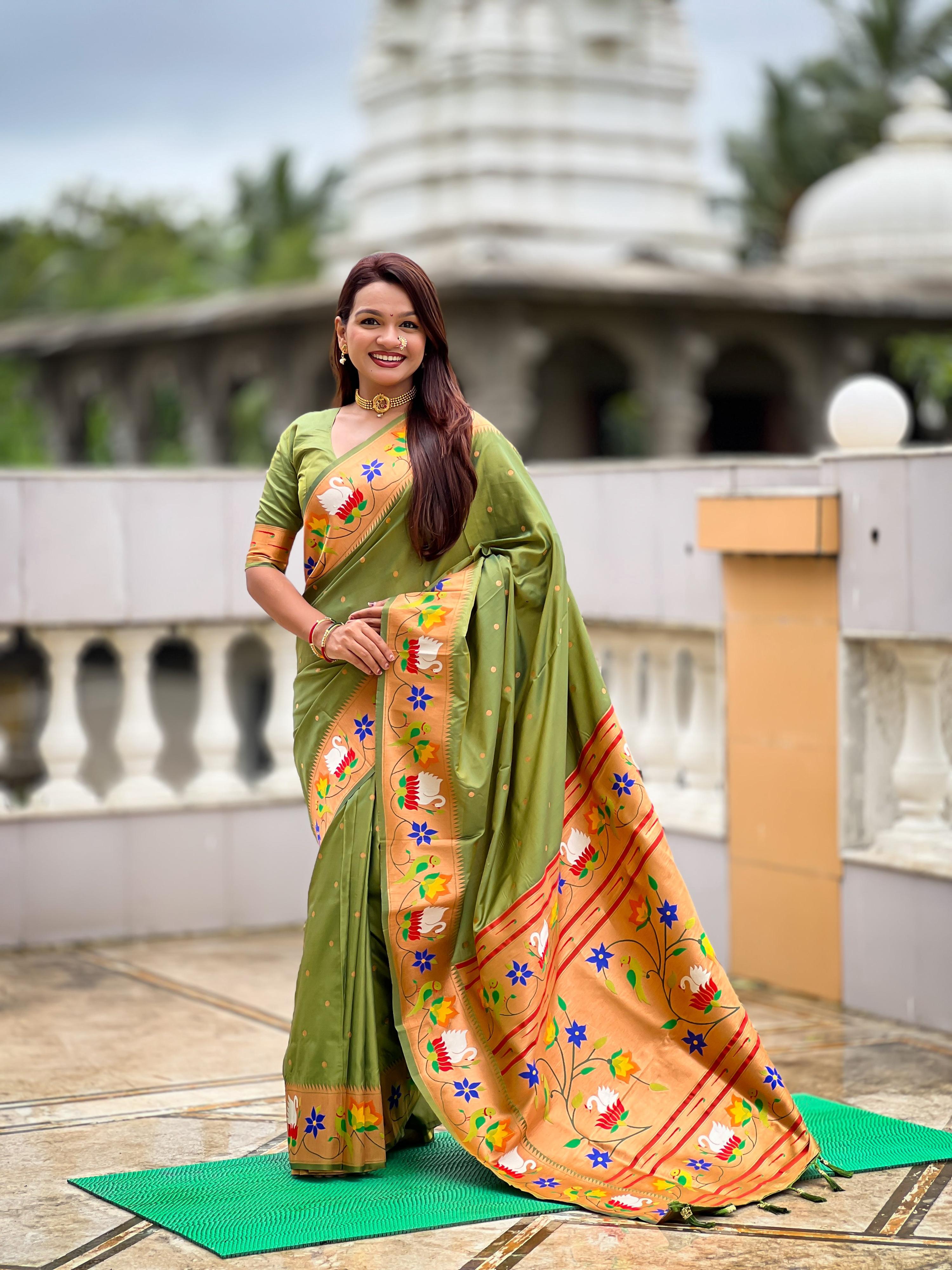 Mameraa Sarees Mahendi Green Faux Banarasi Silk Saree With Paithani Rich Weaved Pallu And Blouse-Green | Grocsy