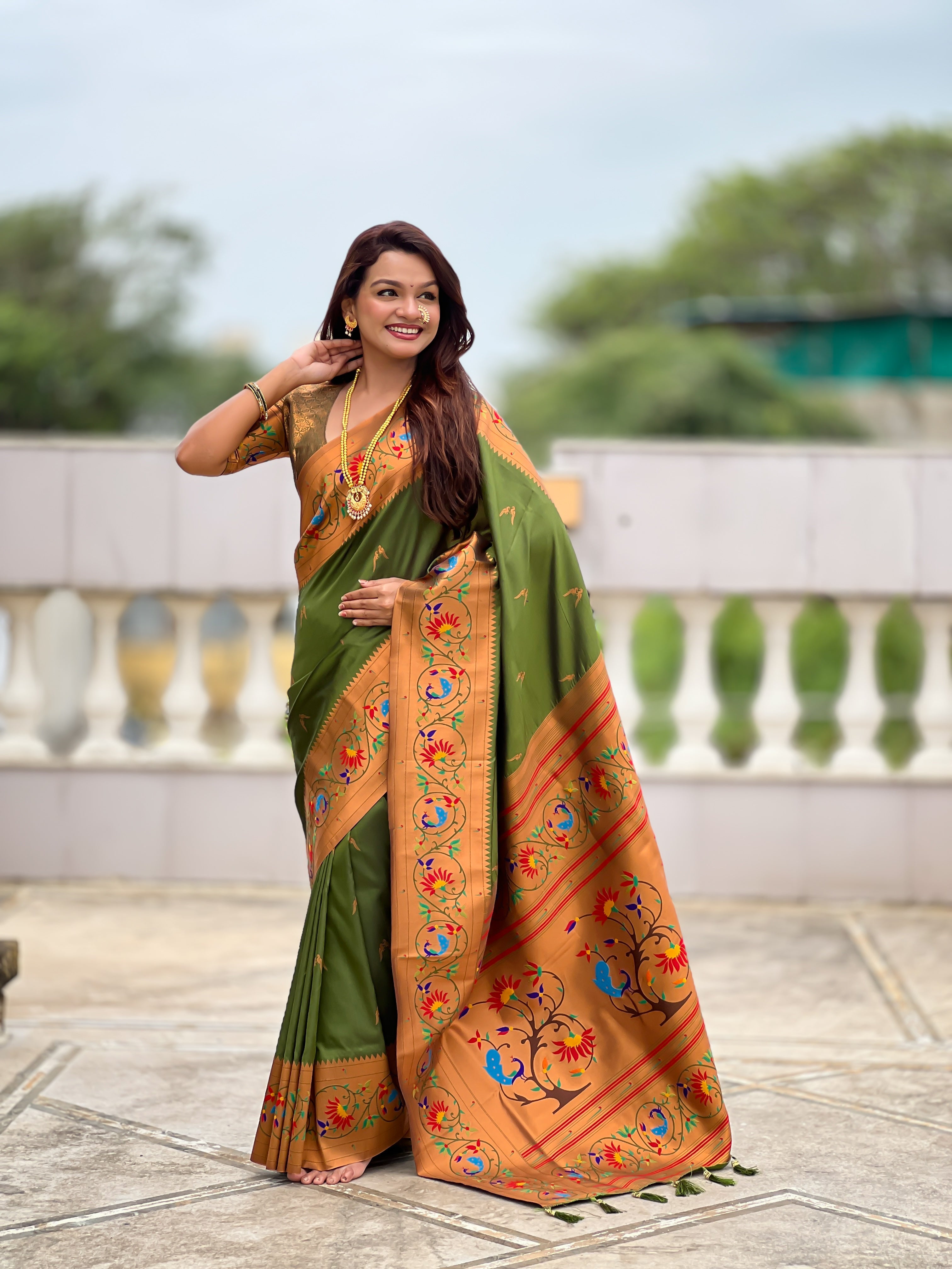 Mameraa Sarees Dark_Green Faux Banarasi Silk Saree With Paithani Rich Weaved Pallu And Blouse-Dark_Green | Grocsy