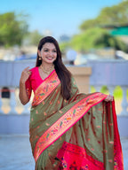 Mameraa Sarees Green Faux Banarasi Silk Saree With Paithani Rich Weaved Pallu And Blouse-Green | Grocsy