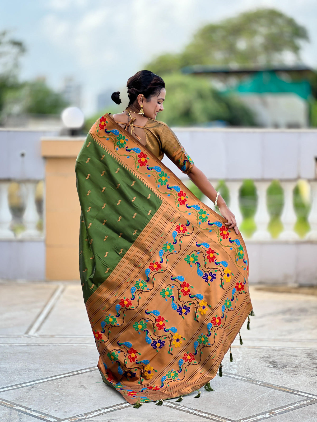 Mameraa Sarees Parrot Green Faux Banarasi Silk Saree With Paithani Rich Weaved Pallu And Blouse-Parrot_Green | Grocsy