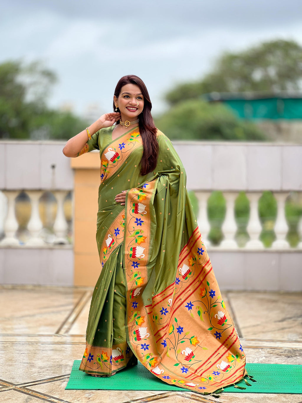 Mameraa Sarees Mahendi Green Faux Banarasi Silk Saree With Paithani Rich Weaved Pallu And Blouse-Green | Grocsy