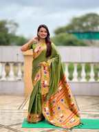 Mameraa Sarees Mahendi Green Faux Banarasi Silk Saree With Paithani Rich Weaved Pallu And Blouse-Green | Grocsy
