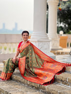 Mameraa Sarees Mahendi Green Faux Banarasi Silk Saree With Paithani Rich Weaved Pallu And Blouse-Teal | Grocsy
