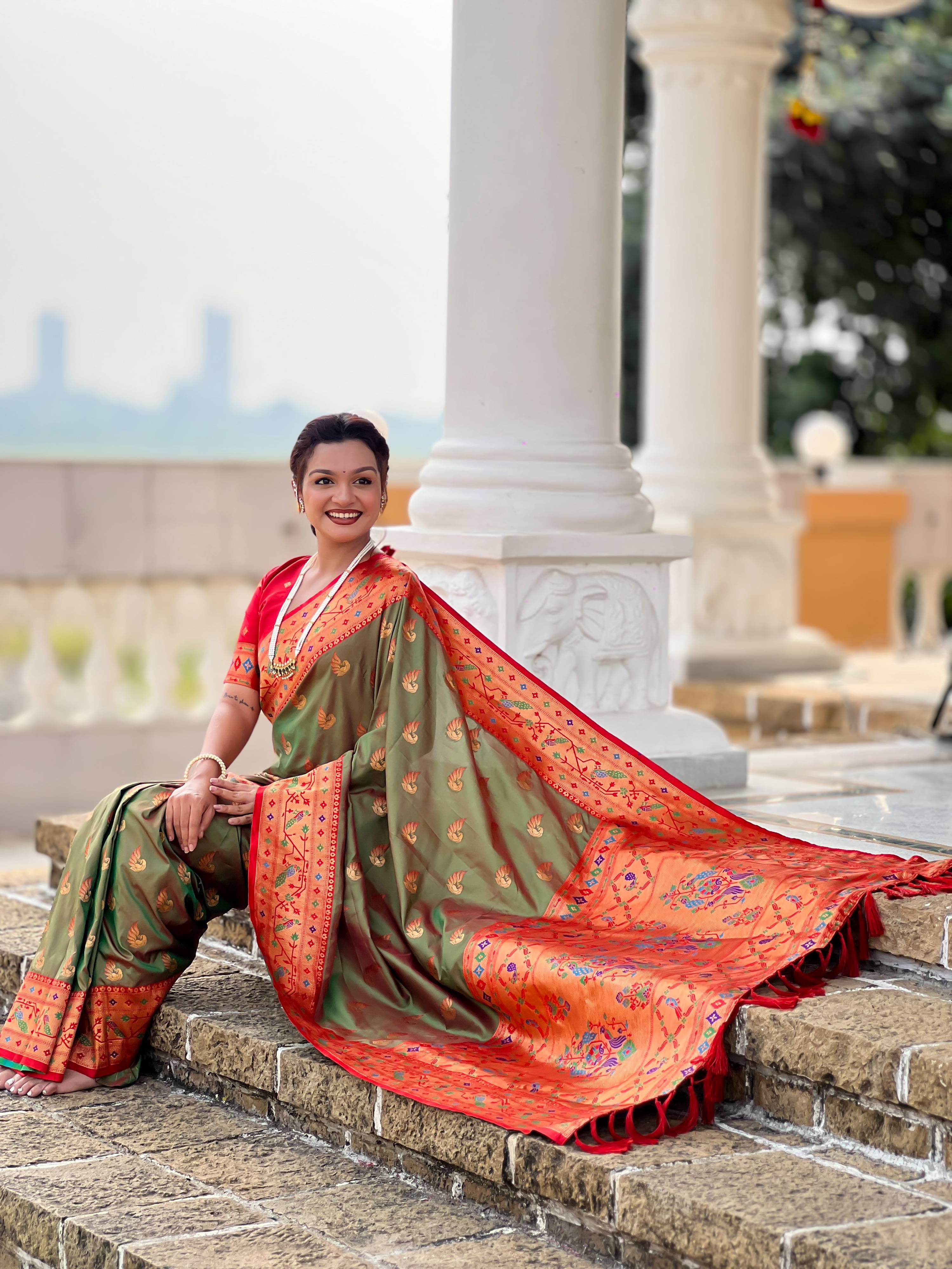Mameraa Sarees Mahendi Green Faux Banarasi Silk Saree With Paithani Rich Weaved Pallu And Blouse-Teal | Grocsy